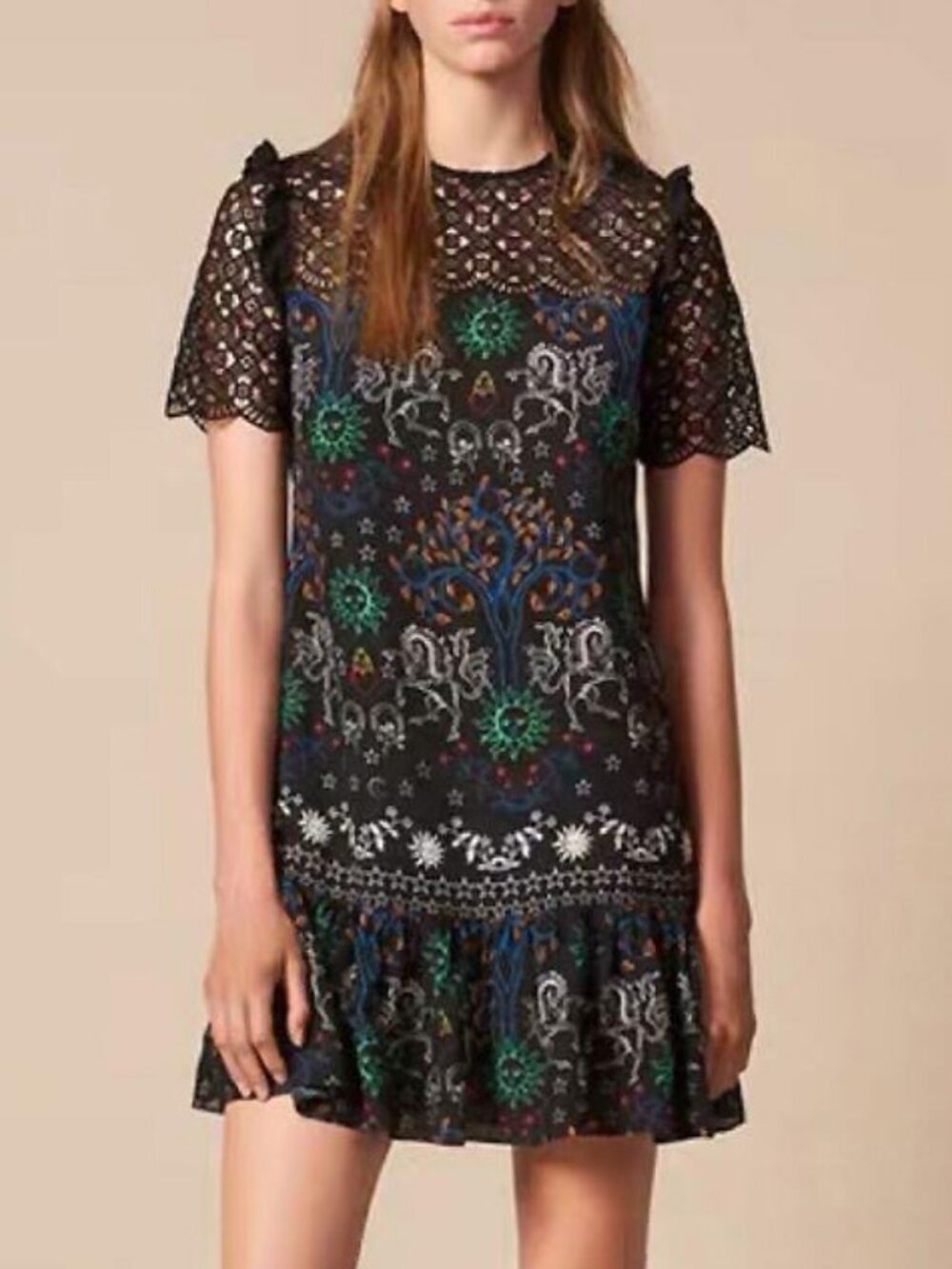EUC Sandro Zodiac Celestial Lace Trim Mini Dress Black 36, 4, S